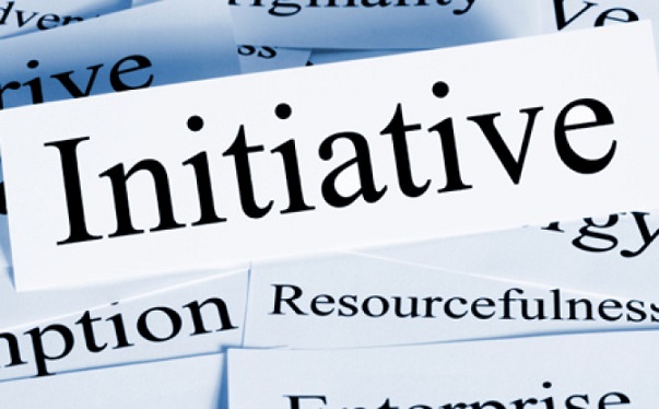 A piece of paper with the word "initiative" surrounded by pieces of paper with synonyms for "initiative" like "resourcefulness" and "gumption"