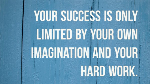 A blue background with white text: "Your success is only limited by your own imagination and your hard work."