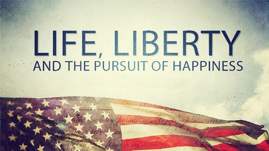 An American flag and the words "life, liberty, and the pursuit of happiness"