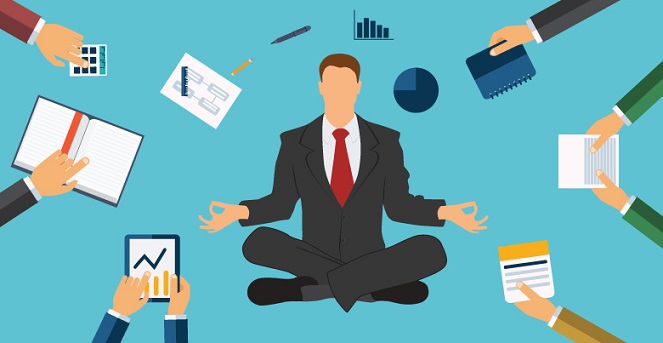 Cartoon of a man sitting cross-legged with arms in a peaceful pose while distractions surround him