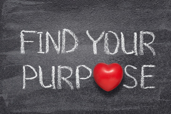 white text on black chalkboard that says "find your purpose"