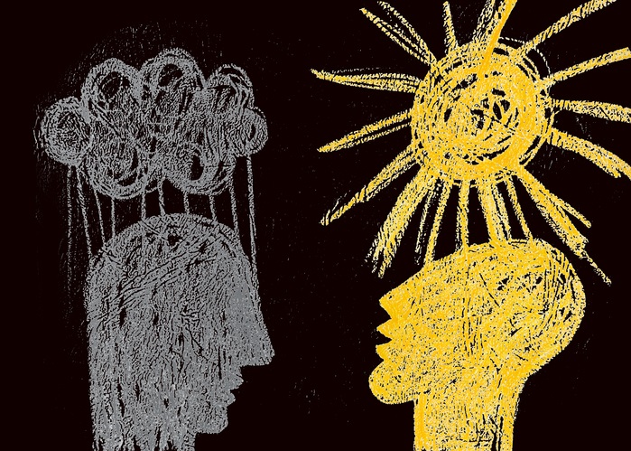 2 illustrated silhouettes of a human head; 1 in gray with a raincloud above it and the other in yellow with a sunshine above it
