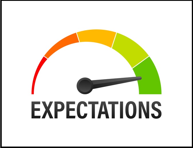 A graphic of a speedometer labeled "expectations" with the arrow pointing at the highest level