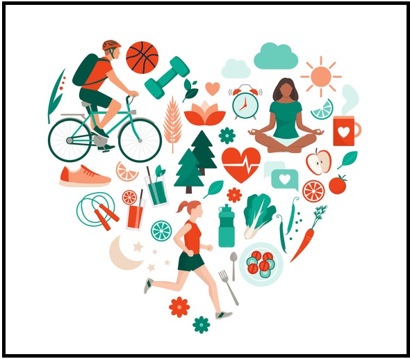 Healthy lifestyle and self-care concept with food, sports and nature icons arranged in a heart shape